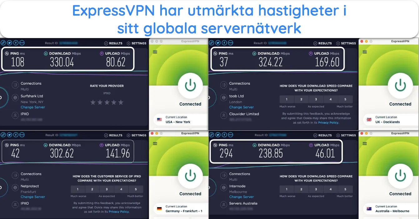 Skärmdump av ExpressVPN-hastighetstester som visar servrar i USA, Storbritannien, Australien och Tyskland.