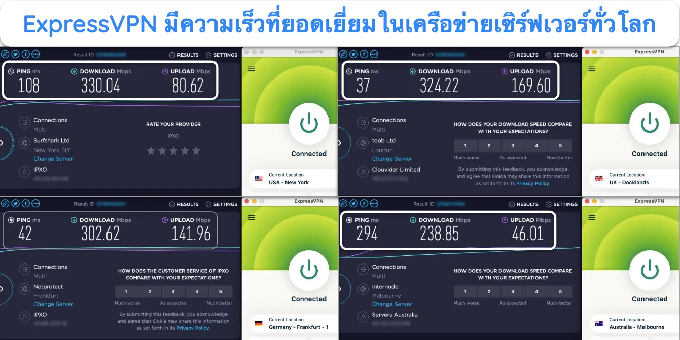 ภาพหน้าจอของการทดสอบความเร็วของ ExpressVPN ที่แสดงเซิร์ฟเวอร์ในสหรัฐอเมริกา สหราชอาณาจักร ออสเตรเลีย และเยอรมนี