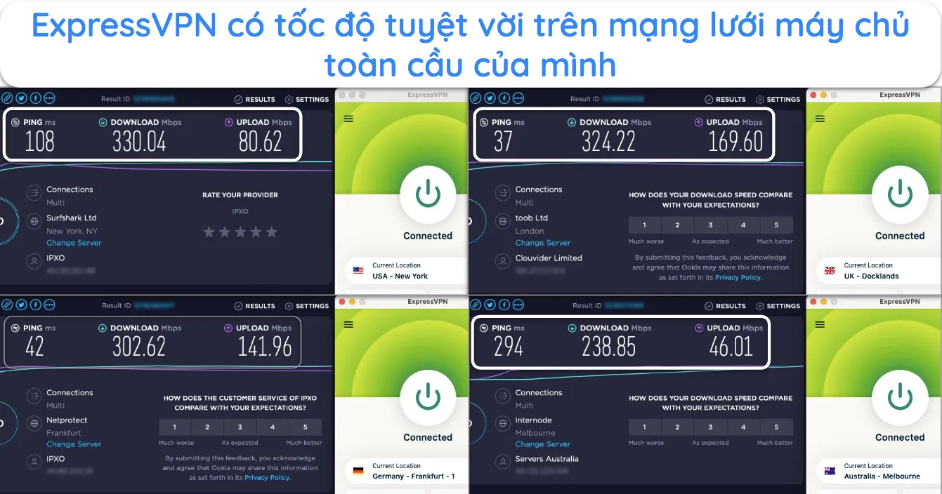 Ảnh chụp màn hình bài kiểm tra tốc độ ExpressVPN hiển thị máy chủ ở Hoa Kỳ, Vương quốc Anh, Úc và Đức.