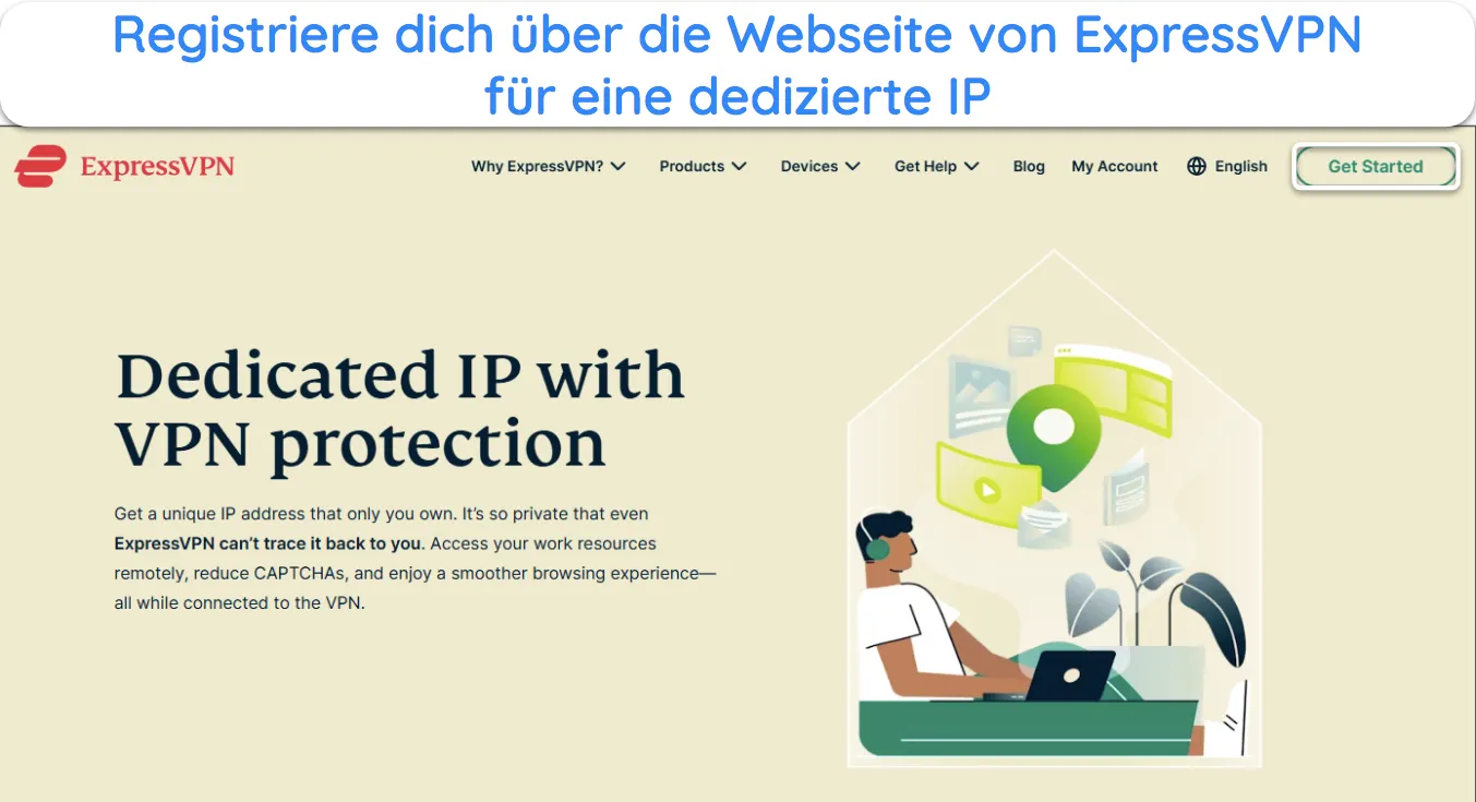 Bild der Website von ExpressVPN mit der Seite mit detaillierten Angaben zur dedizierten IP-Funktion.