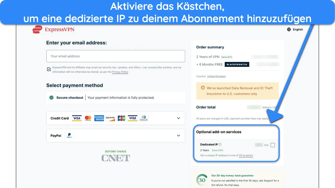 Bild der Abonnement-Checkout-Seite von ExpressVPN mit hervorgehobener Option zum Hinzufügen der dedizierten IP-Funktion.