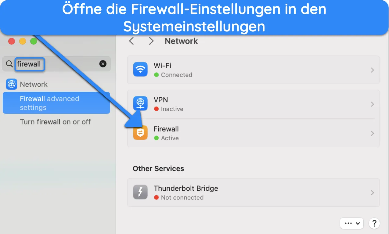 Screenshot zur Vorgehensweise beim Zugriff auf die Firewall-Einstellungen auf dem Mac.