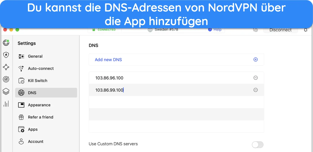 Screenshot zur Verwendung der DNS-Adressen von NordVPN in der Mac-App von NordVPN.