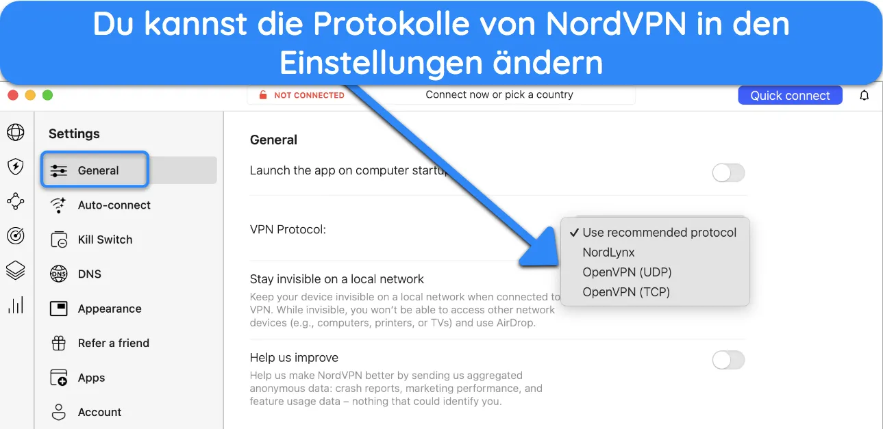 Screenshot zur Änderung der Protokolle von NordVPN.