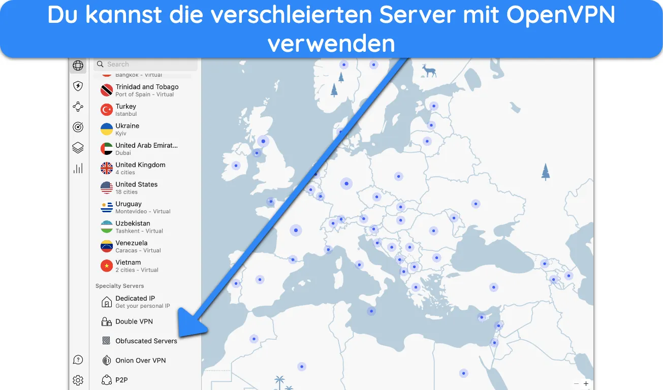 Screenshot zur Verbindung mit den verschleierten Servern von NordVPN.