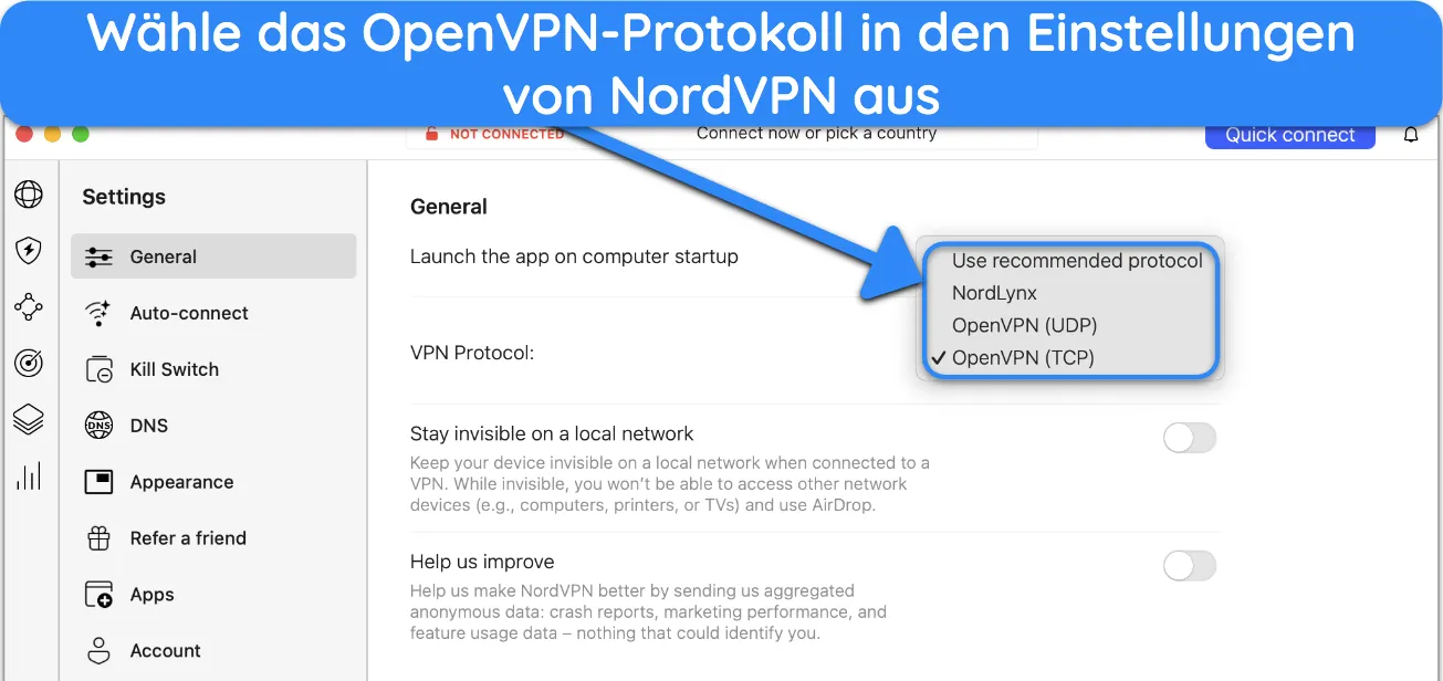 Screenshot zur Auswahl von OpenVPN in der Mac-App von NordVPN.