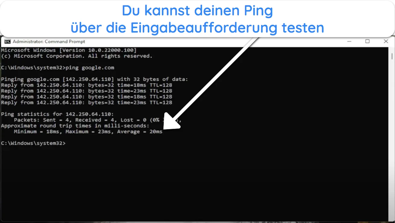 Screenshot eines Ping-Testergebnisses für Google.com