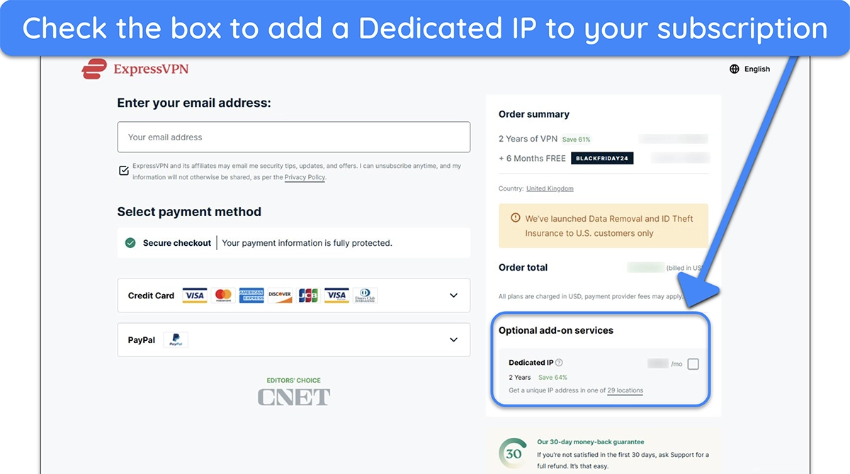image of ExpressVPN's subscription checkout page, highlighting the option to add the dedicated IP feature.