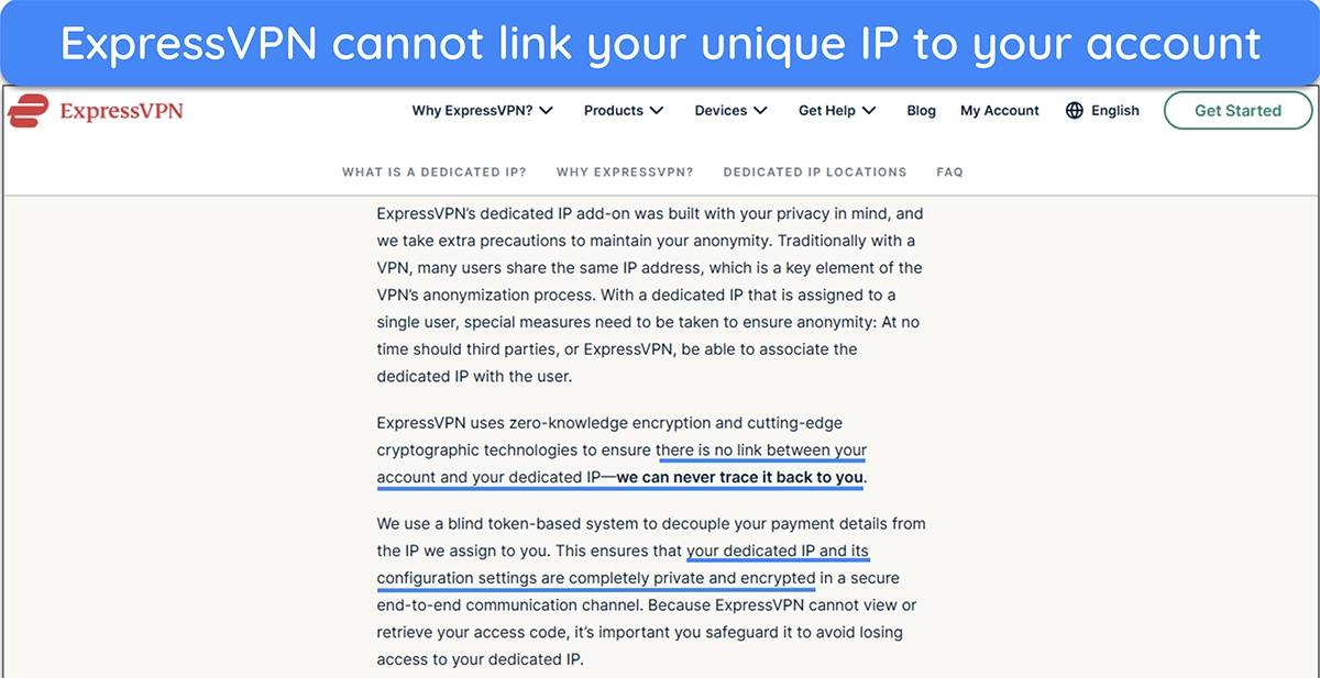 screenshot of ExpressVPN's website detailing the security measures in place to stop IPs from being linked to specific accounts.