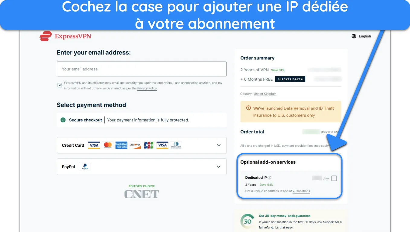 image de la page de paiement de l'abonnement d'ExpressVPN, mettant en évidence l'option permettant d'ajouter la fonctionnalité IP dédiée.