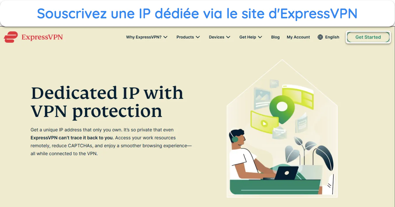 image du site Web d'ExpressVPN montrant la page détaillant sa fonctionnalité IP dédiée.