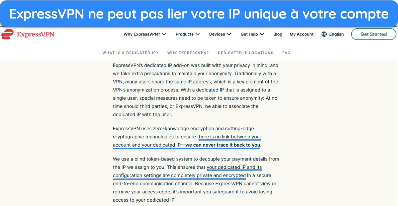 capture d'écran du site Web d'ExpressVPN détaillant les mesures de sécurité mises en place pour empêcher que les adresses IP ne soient liées à des comptes spécifiques.