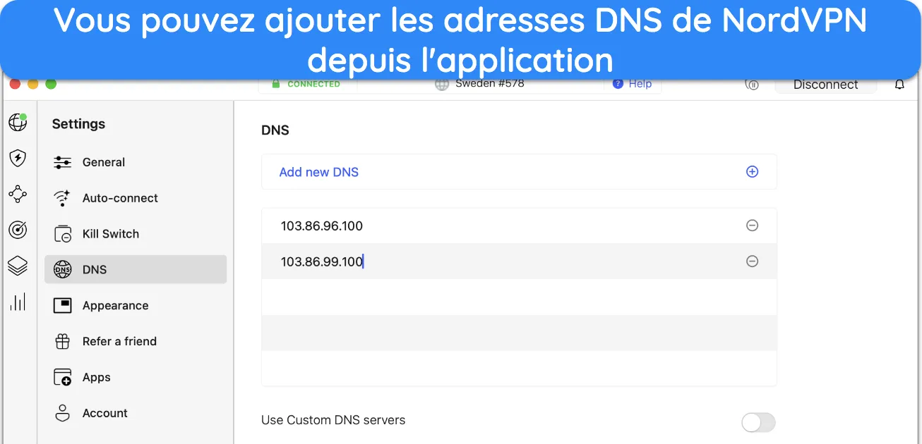 Capture d'écran montrant comment utiliser les adresses DNS de NordVPN dans l'application Mac NordVPN.