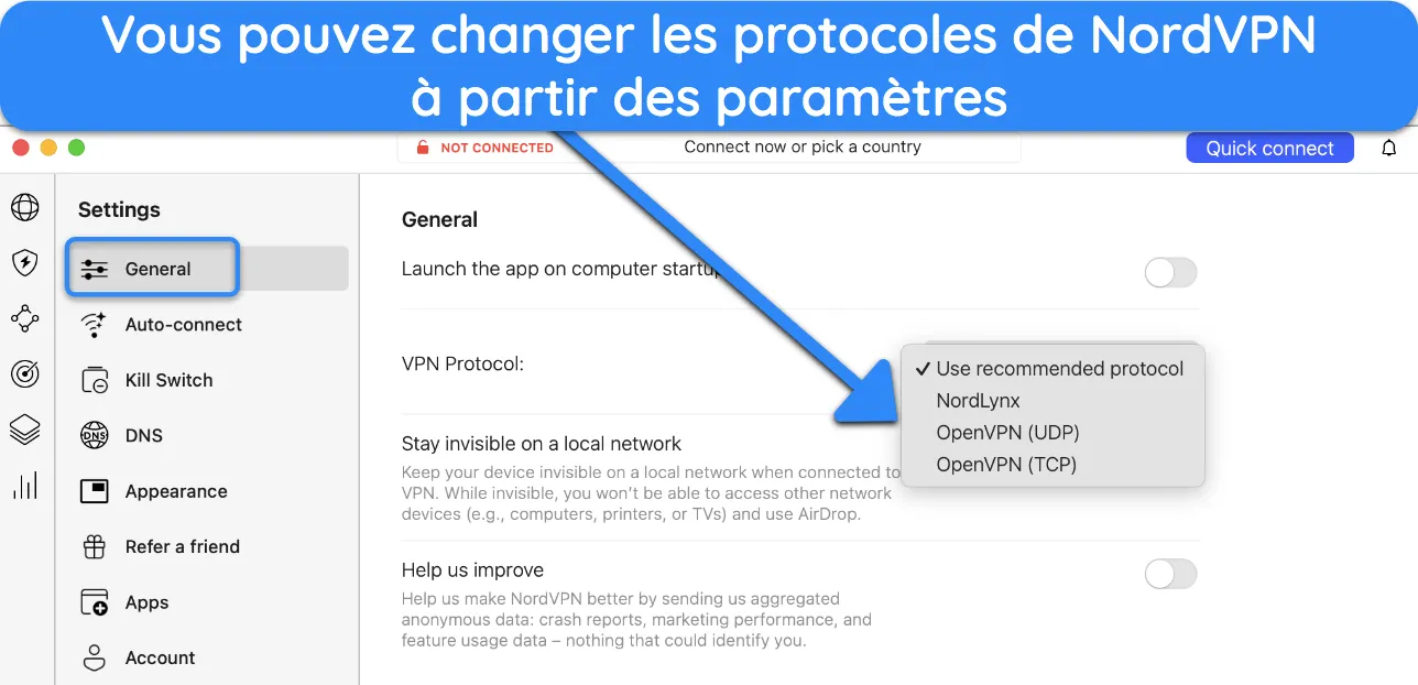 Capture d'écran montrant comment modifier les protocoles de NordVPN.