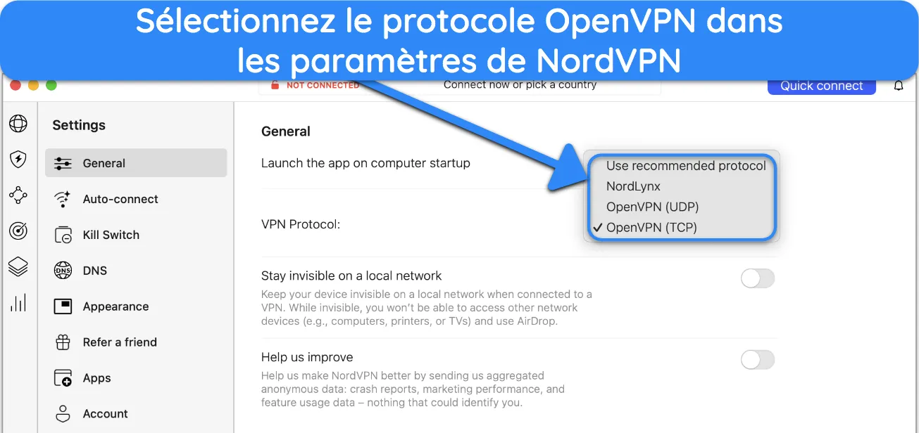 Capture d'écran montrant comment sélectionner OpenVPN sur l'application Mac de NordVPN.