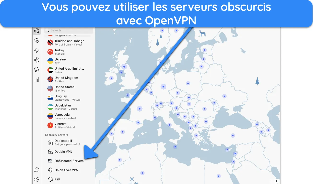 Capture d'écran montrant comment se connecter aux serveurs obscurcis de NordVPN.