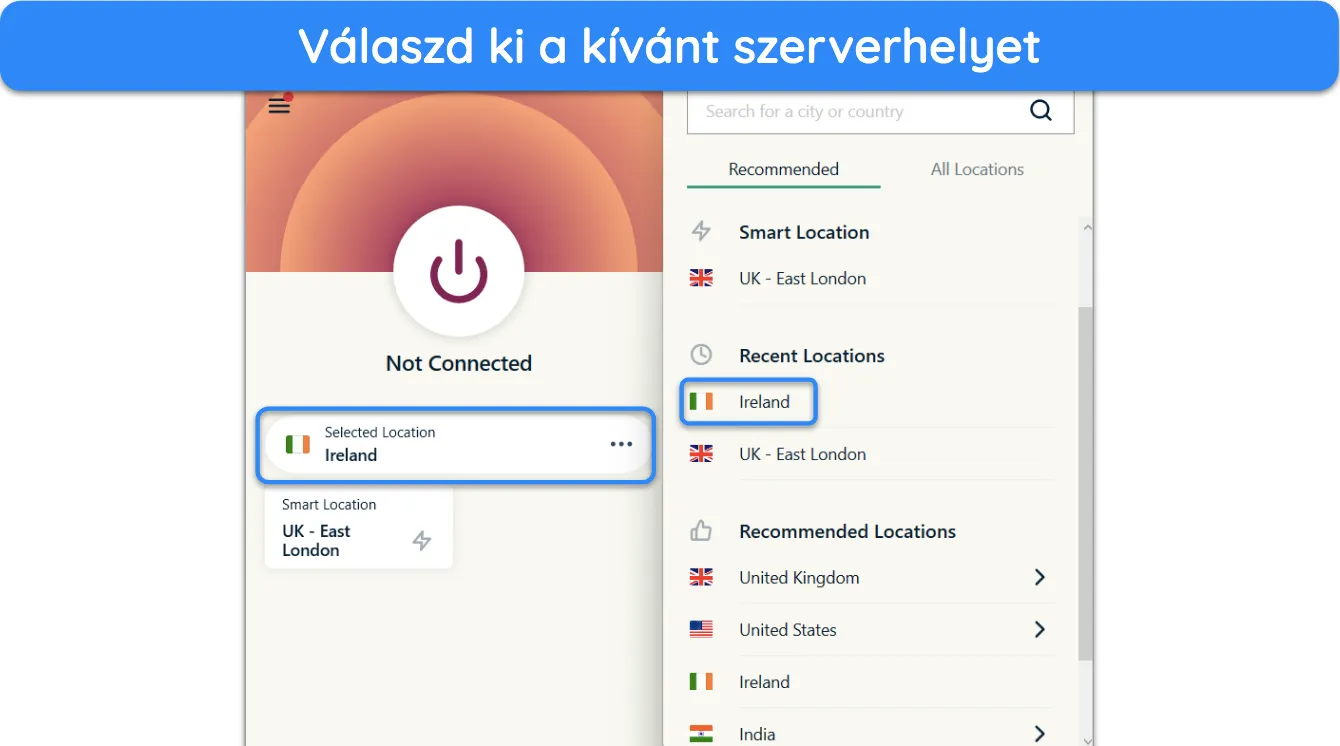 Képernyőkép, amely bemutatja, hogyan válasszuk ki az ExpressVPN-kiszolgáló preferált helyét.