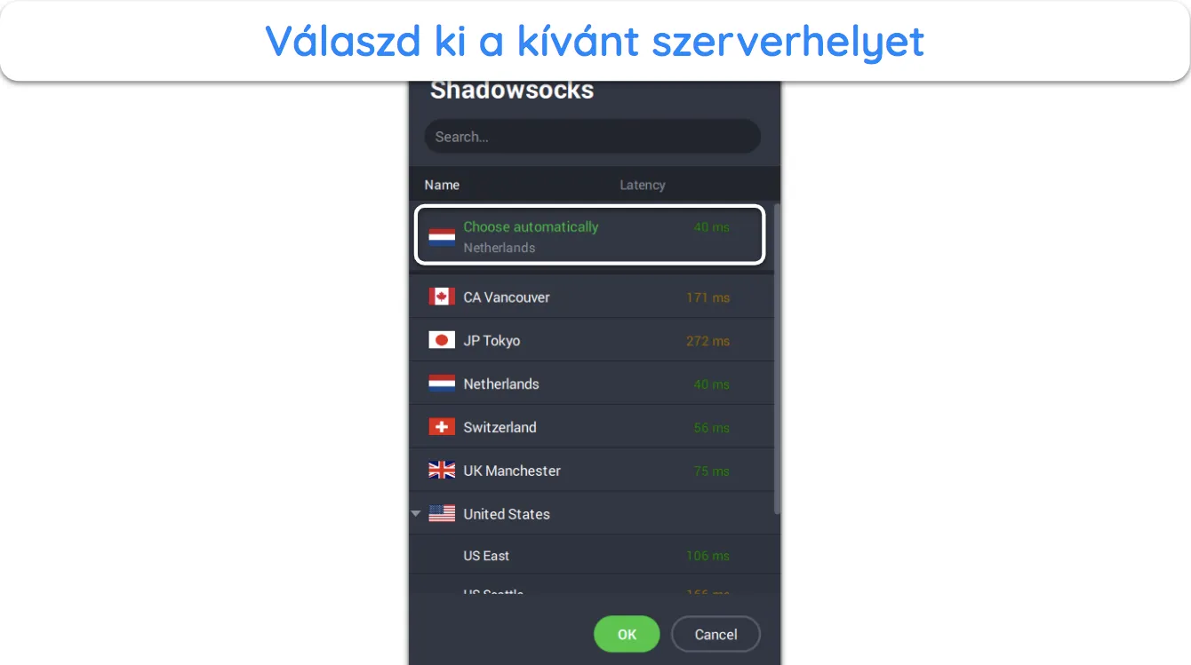 Képernyőkép, amely bemutatja, hogyan válasszon előnyben részesített szervert a Shadowsocks és a Multi-Hop alkalmazáshoz a PIA-ban.