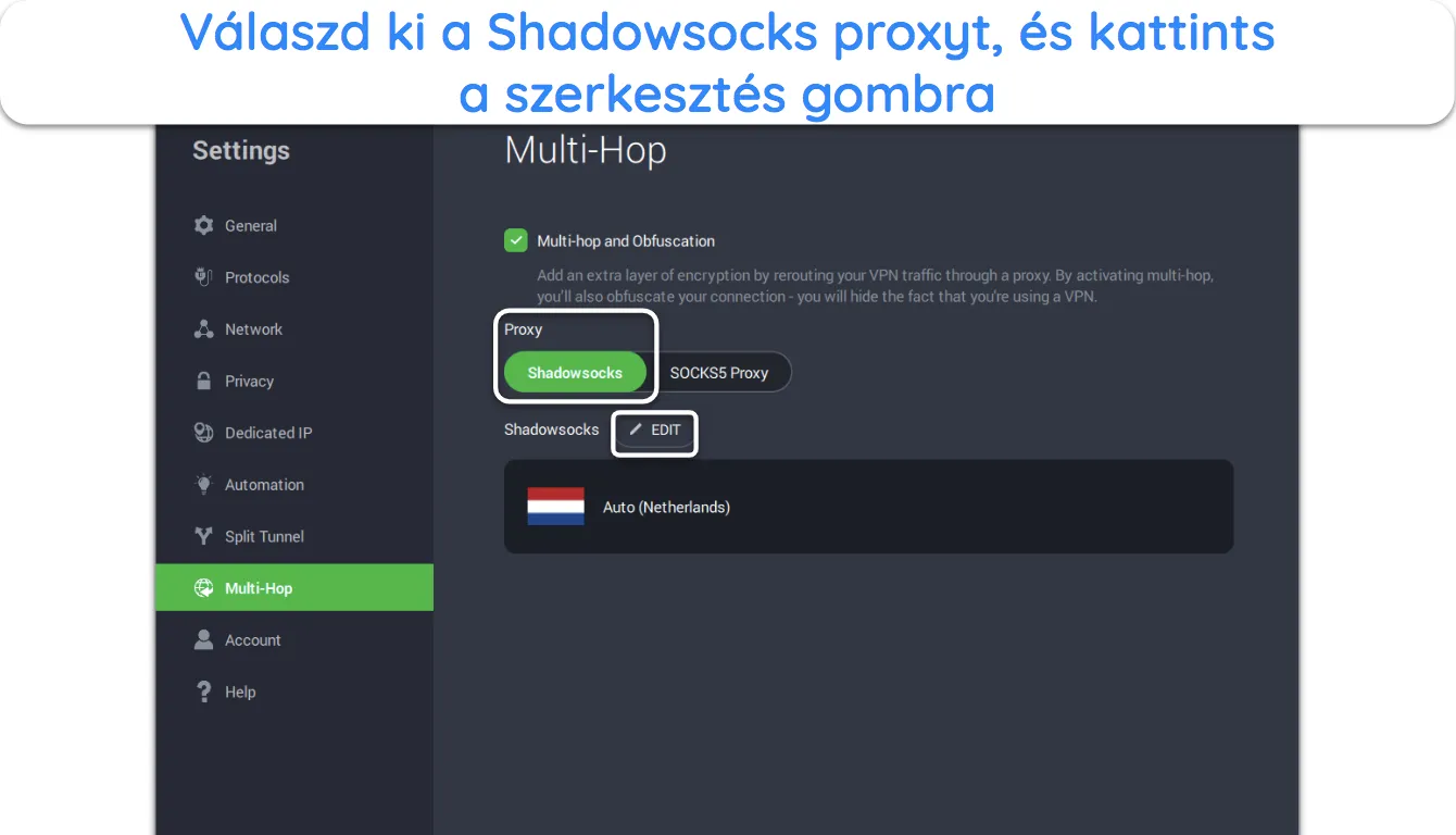 Képernyőkép, amely bemutatja, hogyan kell használni a Shadowsocks proxyt a PIA-ban való homályosításhoz.