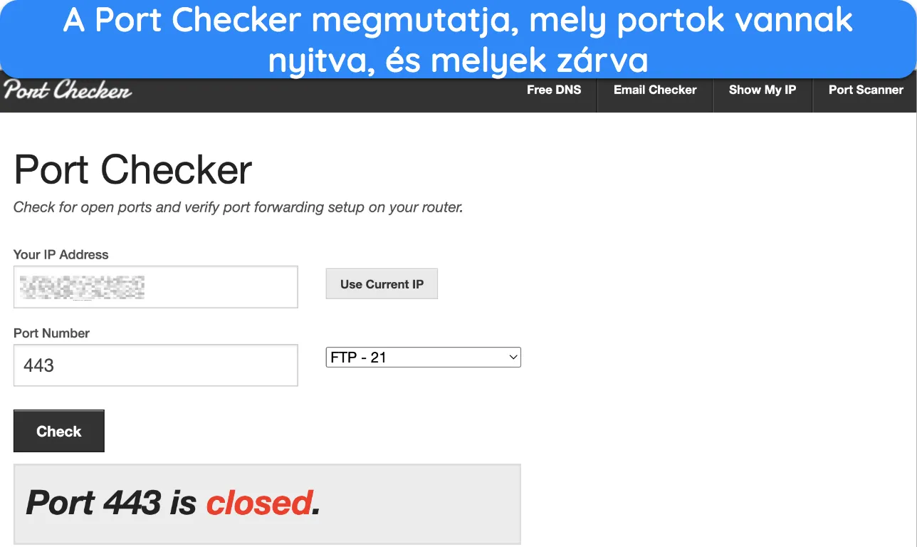 Képernyőkép a Port-ellenőrző eszközről, amelyen a 443-as port zárva van.