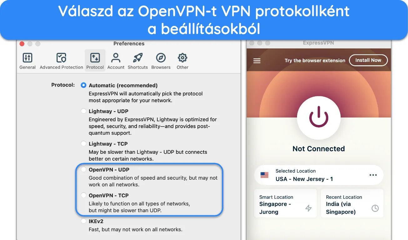 Képernyőkép az ExpressVPN protokolllistájáról, amely az OpenVPN UDP és TCP beállításait mutatja