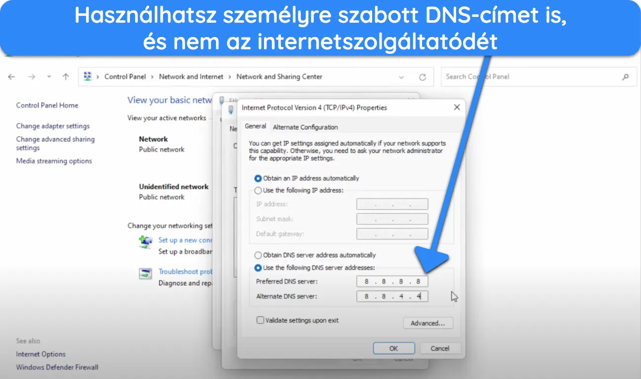 Képernyőkép az egyéni DNS-cím használatáról Windows rendszeren.