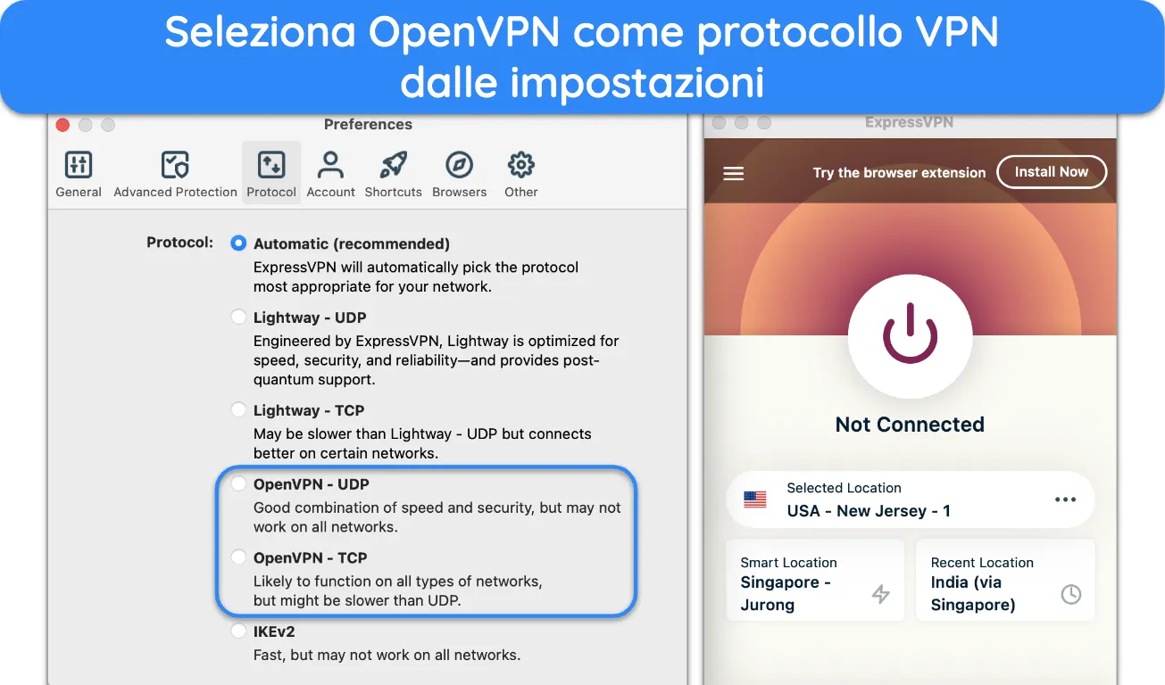 Screenshot dell'elenco dei protocolli di ExpressVPN, che mostra le opzioni UDP e TCP di OpenVPN