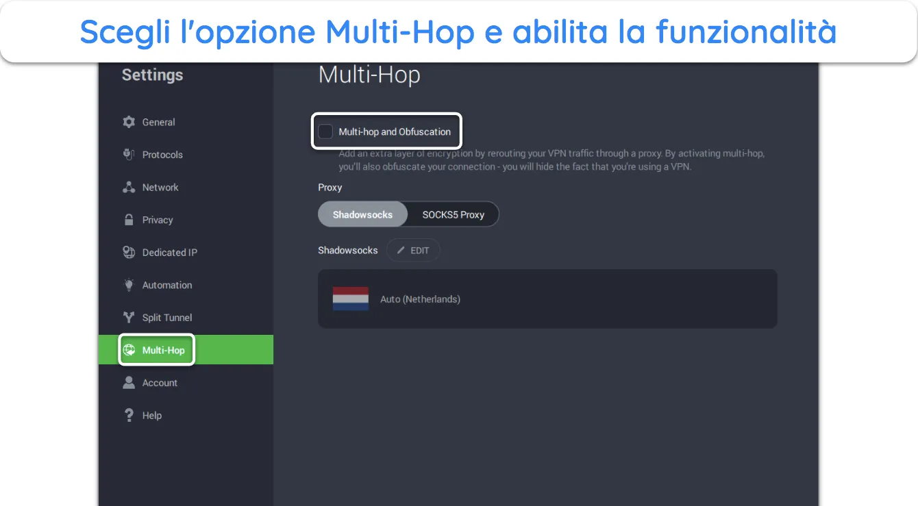 Screenshot che mostra come abilitare le impostazioni Multi-Hop e offuscamento in PIA.