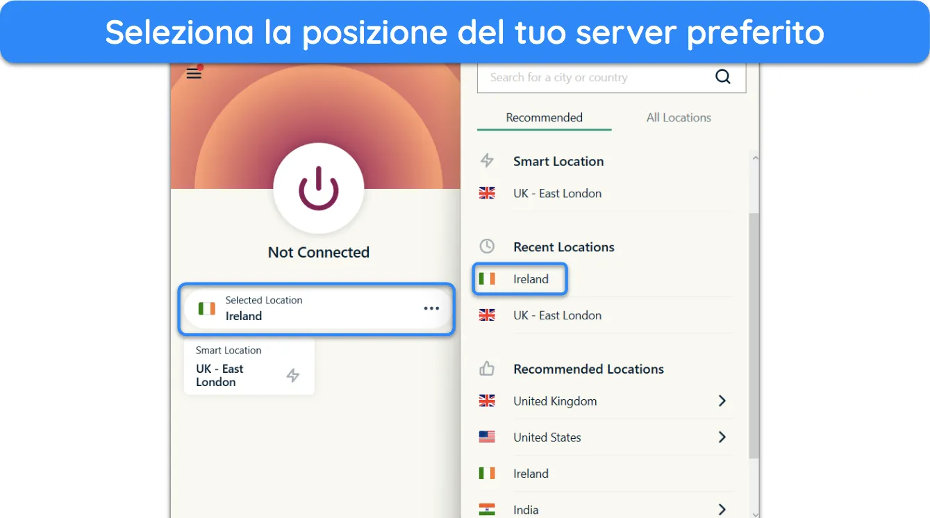 Screenshot che mostra come scegliere una posizione server ExpressVPN preferita.