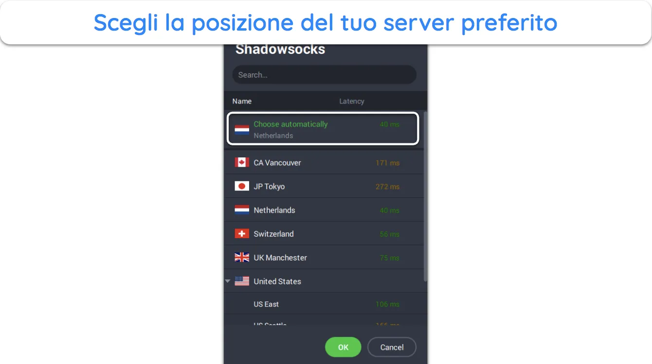 Screenshot che mostra come scegliere un server preferito da utilizzare con Shadowsocks e Multi-Hop in PIA.