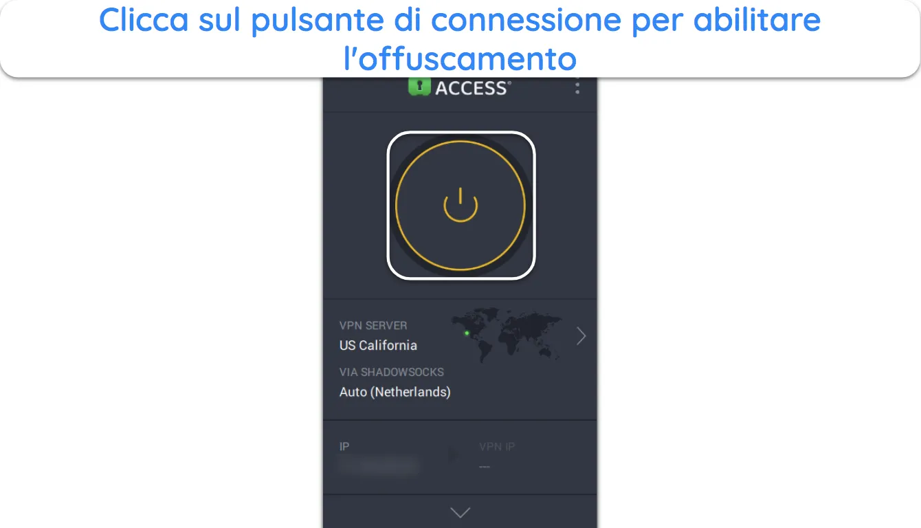 Screenshot che mostra come connettersi a PIA dopo aver abilitato l'offuscamento.