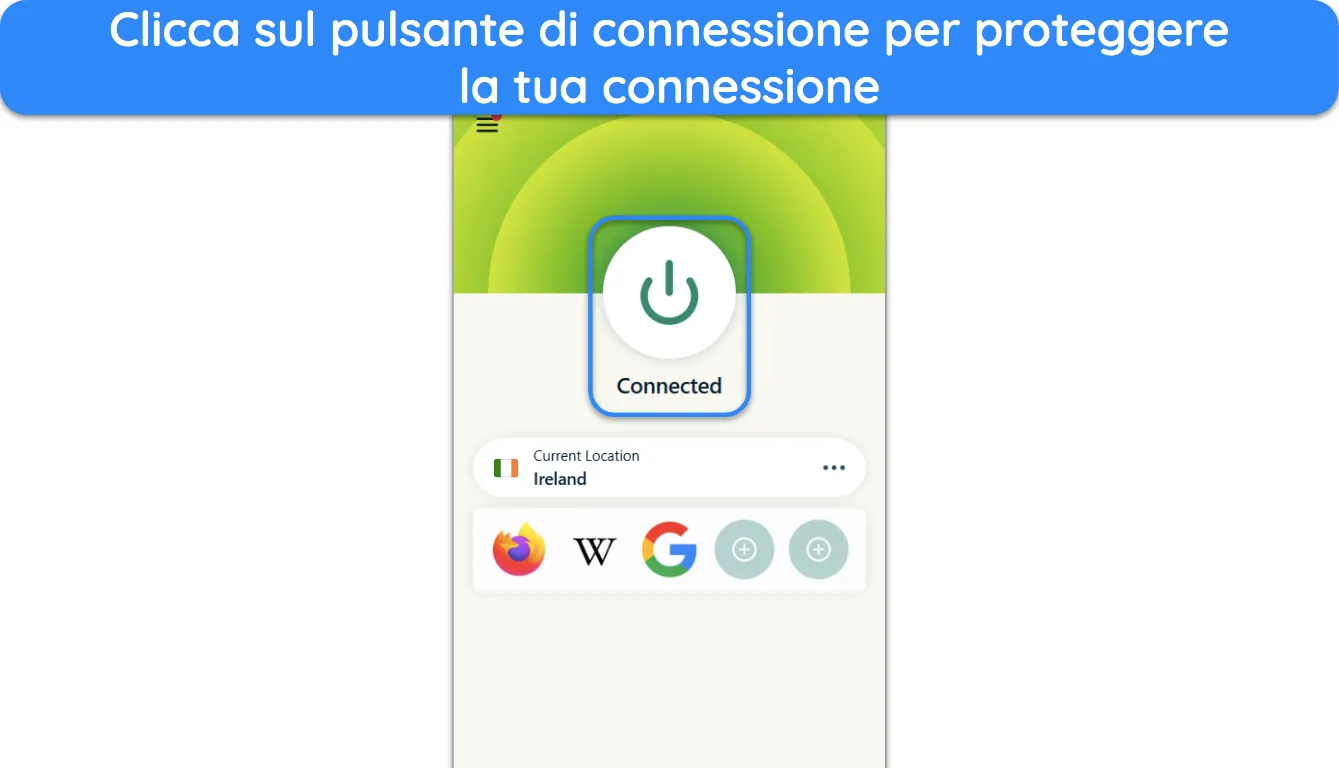 Screenshot che mostra come connettersi a ExpressVPN.