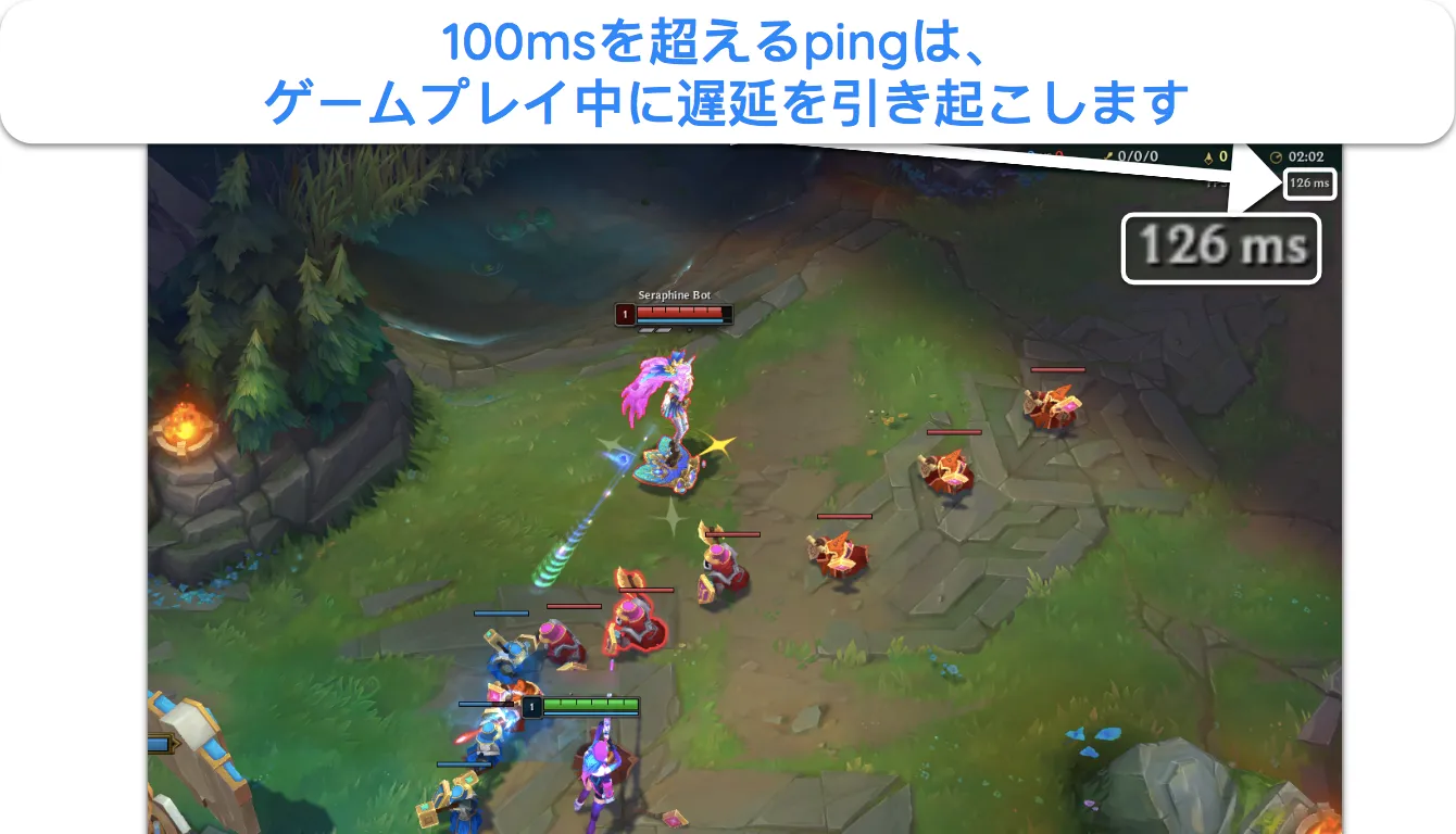 オンライン ゲームで遅延を引き起こす ping を強調表示するスクリーンショット。