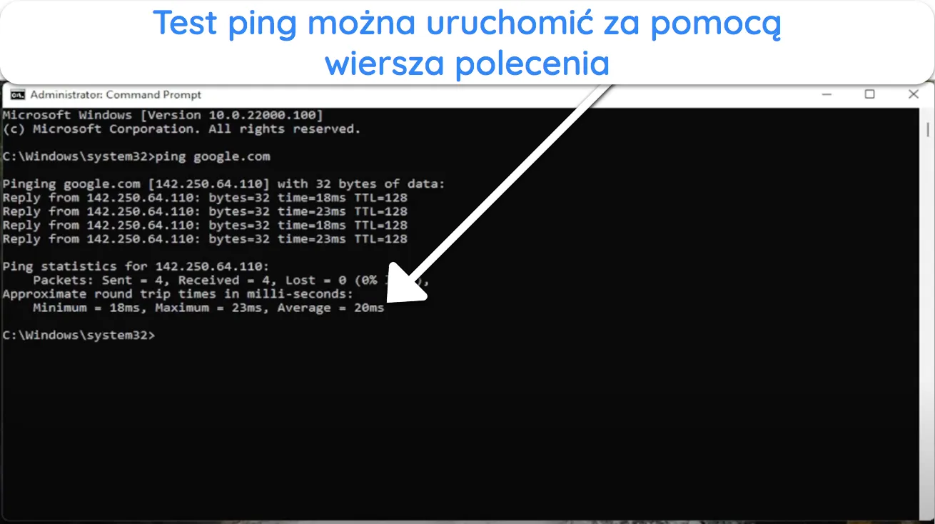 Zrzut ekranu z wynikiem testu ping dla Google.com