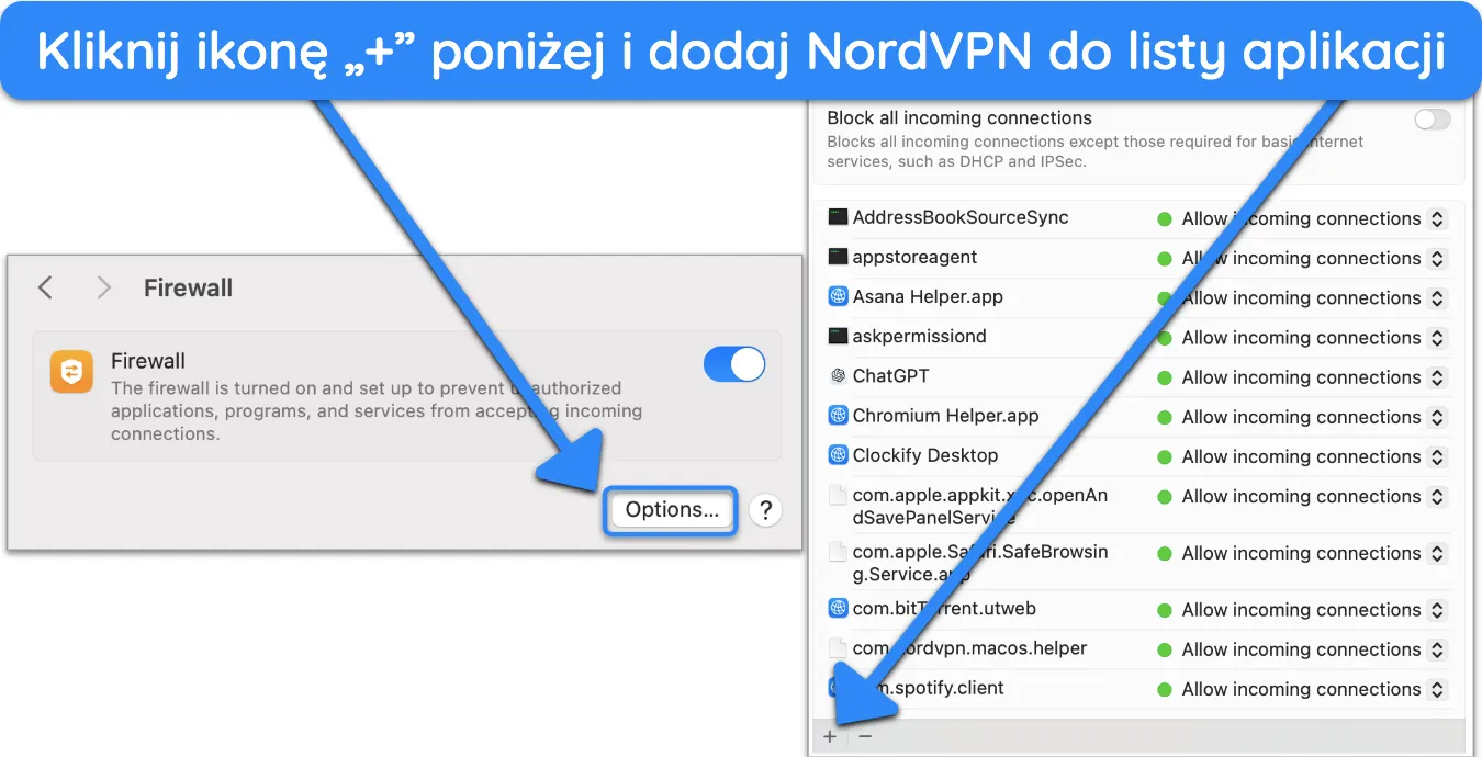 Zrzut ekranu pokazujący, jak ustawić zaporę w systemie macOS.