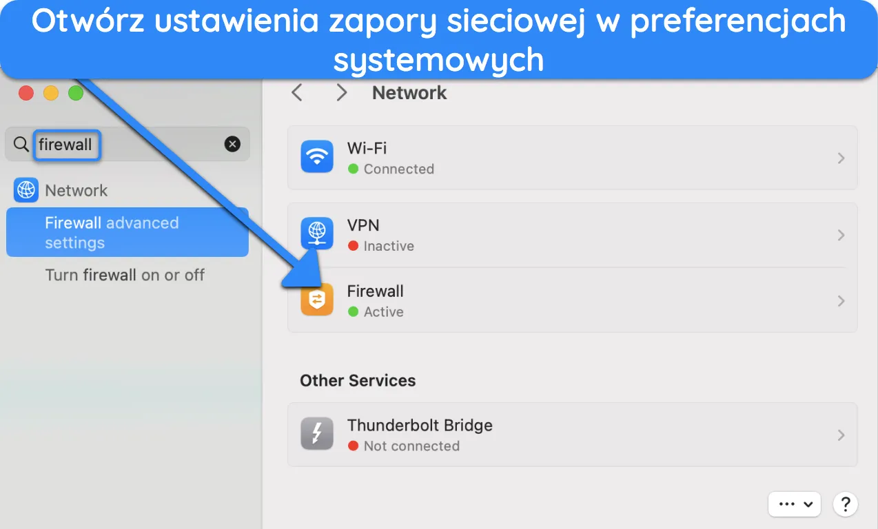 Zrzut ekranu pokazujący, jak uzyskać dostęp do ustawień zapory na komputerze Mac.