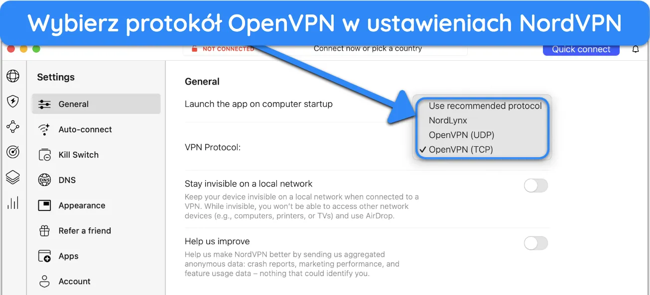 Zrzut ekranu pokazujący, jak wybrać OpenVPN w aplikacji NordVPN na komputer Mac.