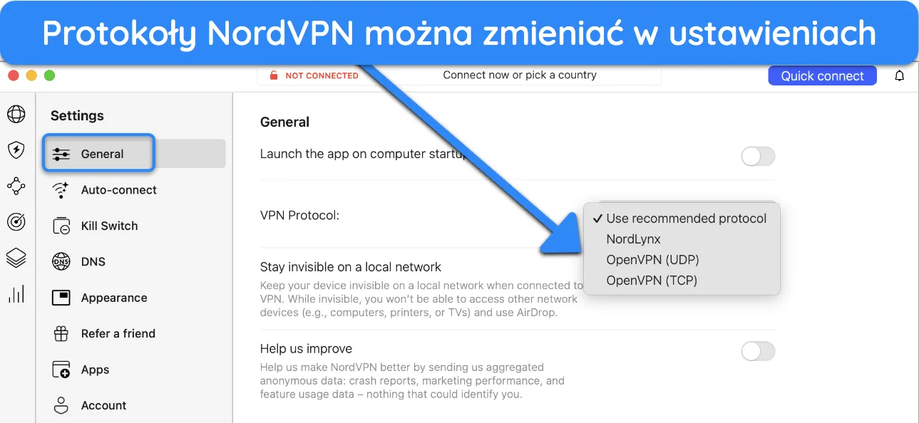 Zrzut ekranu pokazujący, jak zmienić protokoły NordVPN.