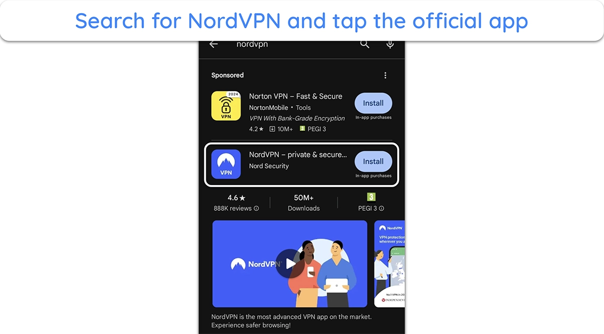 Screenshot showing the official NordVPN app on the Google Play Store