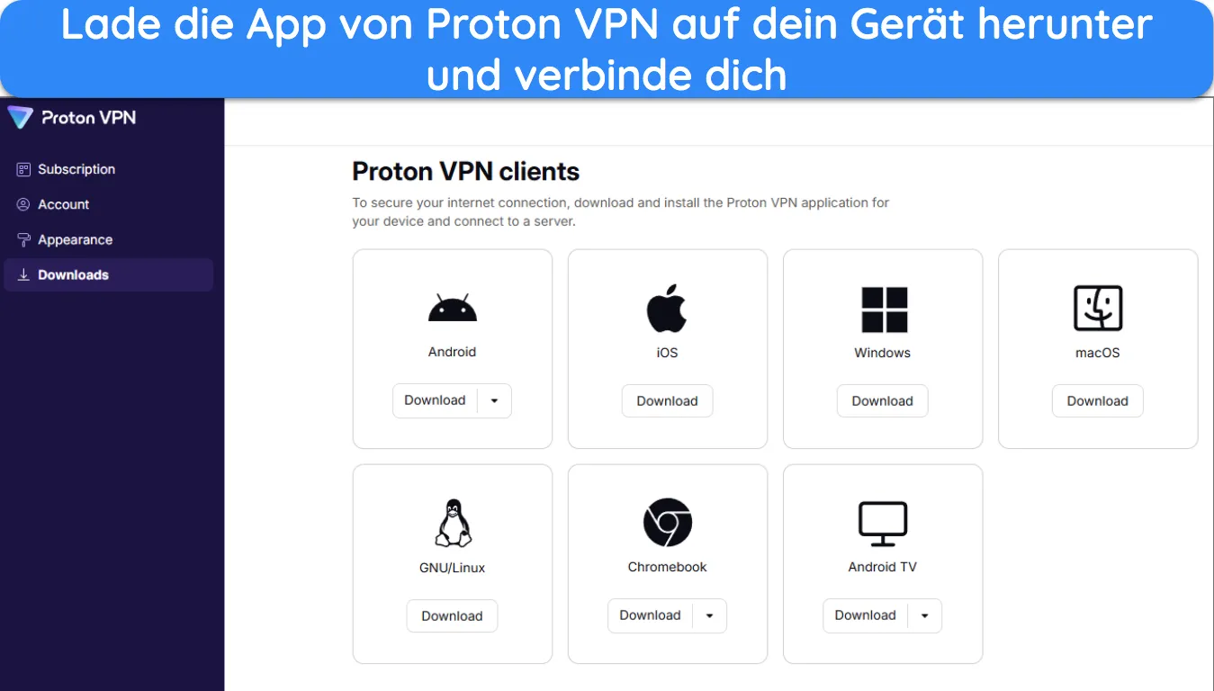 Bild der Kontoseite von Proton VPN mit den verfügbaren Apps zum Herunterladen auf verschiedene Geräte.