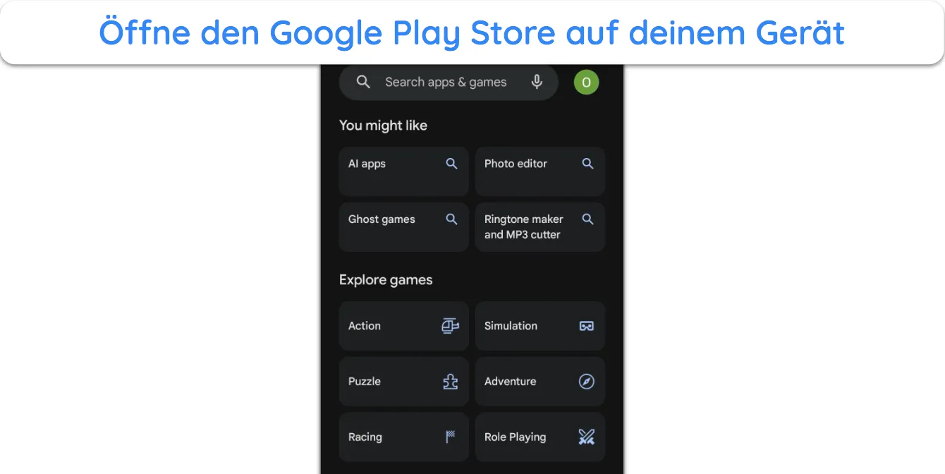 Screenshot, der den Google Play Store auf Android zeigt.