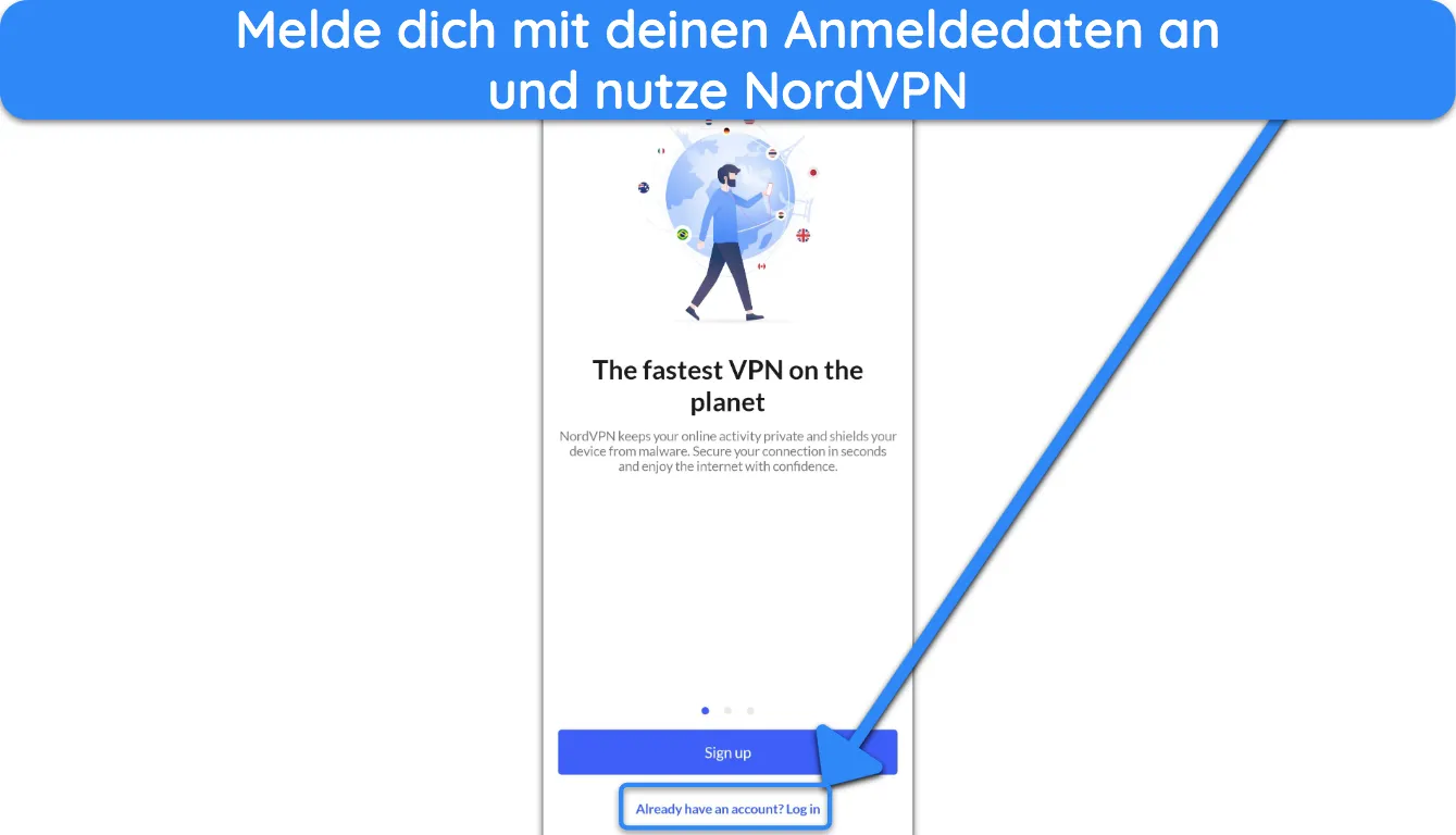 Screenshot, der zeigt, wie man sich bei der Android-App von NordVPN anmeldet.