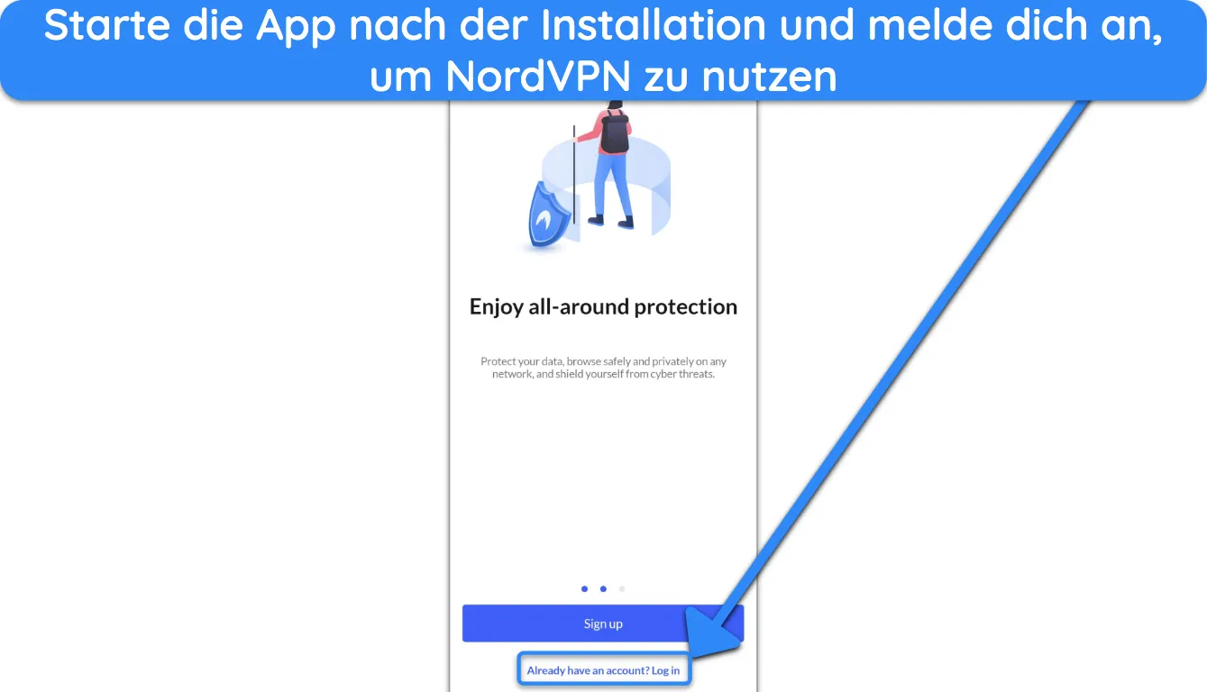 Screenshot, der zeigt, wie man sich bei der App von NordVPN anmeldet, nachdem man sie über eine APK seitlich geladen hat.