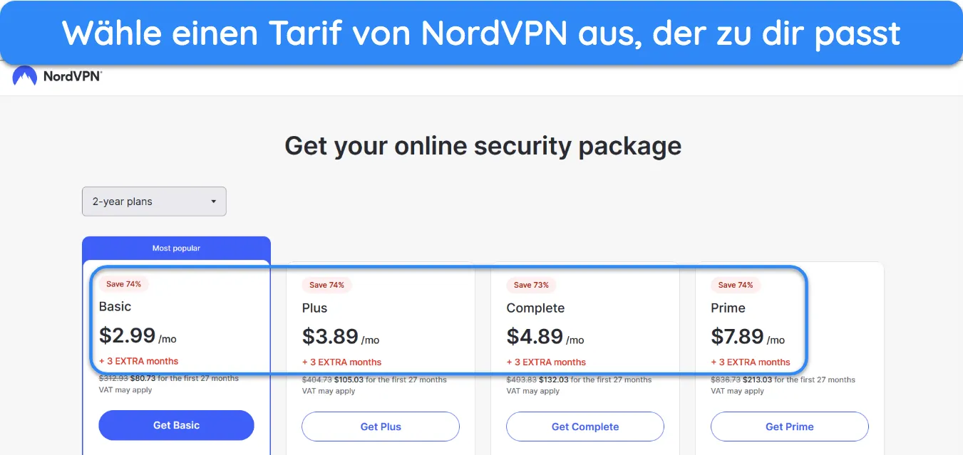 Screenshot, der zeigt, wie man ein NordVPN-Abonnement auswählt.