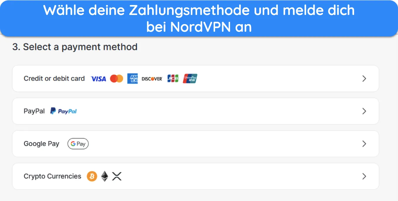 Screenshot, der die verschiedenen für NordVPN verfügbaren Zahlungsmethoden zeigt.