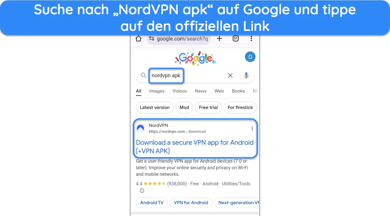 Screenshot, der zeigt, wie man den offiziellen Download-Link für die NordVPN-APK findet.