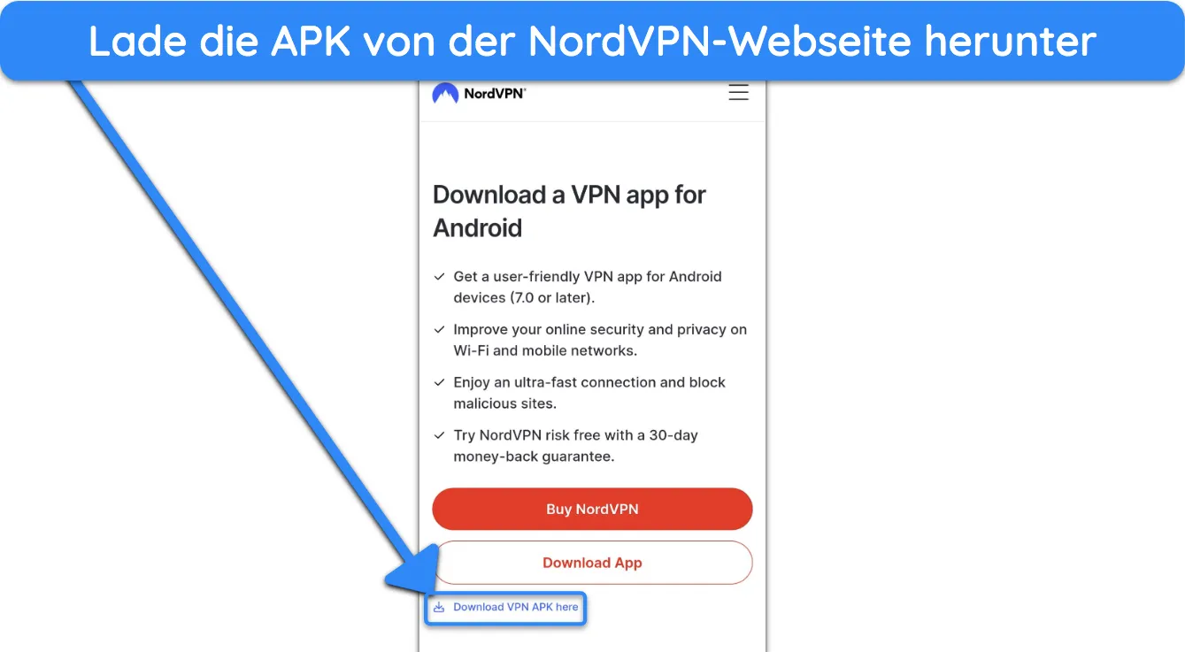 Screenshot, der zeigt, wie man die NordVPN-APK von der offiziellen Website herunterlädt.