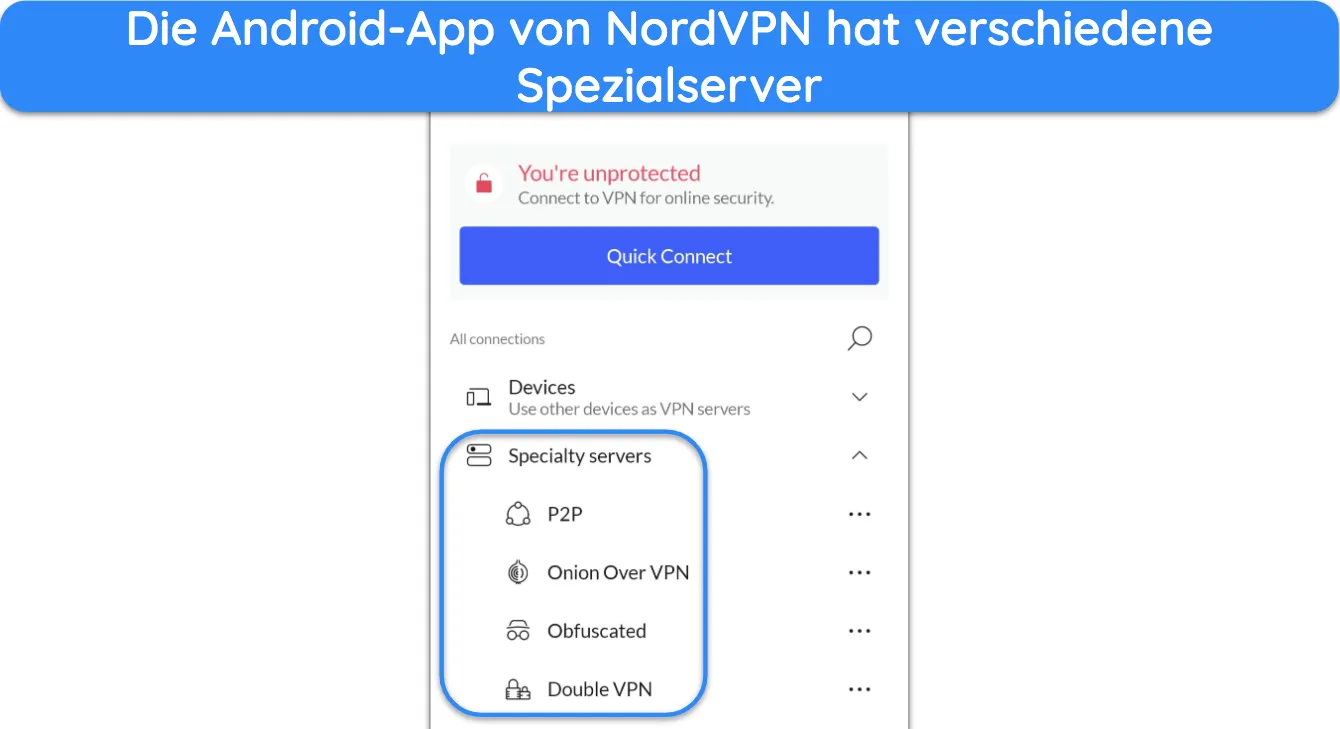 Screenshot, der die Spezialserver zeigt, die in der Android-App von NordVPN verfügbar sind.