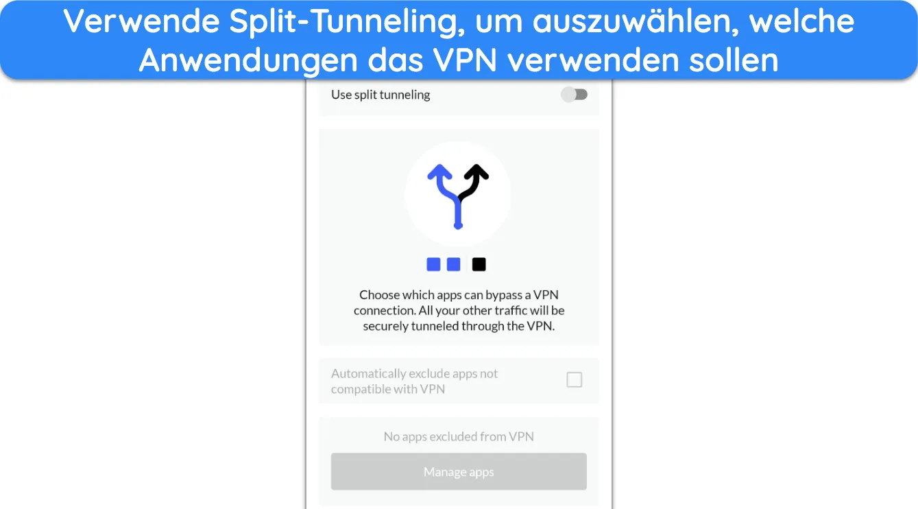 Screenshot, der die Split-Tunneling-Funktion in der Android-App von NordVPN zeigt.