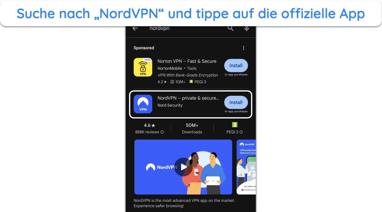 Screenshot, der die offizielle NordVPN-App im Google Play Store zeigt.